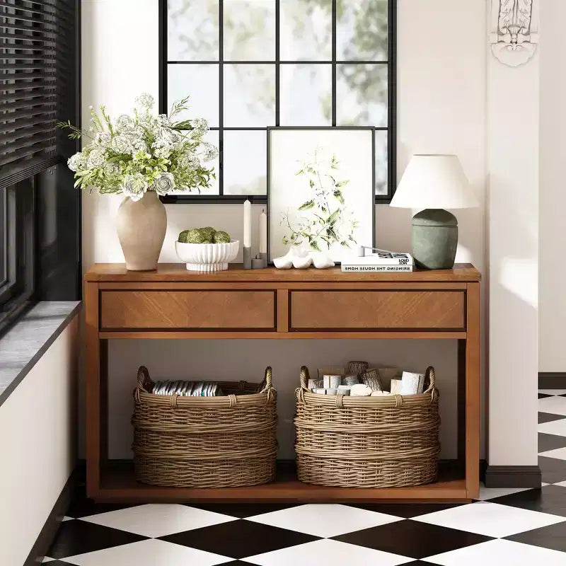 Consolle Rustica in Legno con Cassetti e Ripiano Aperto, Miele
