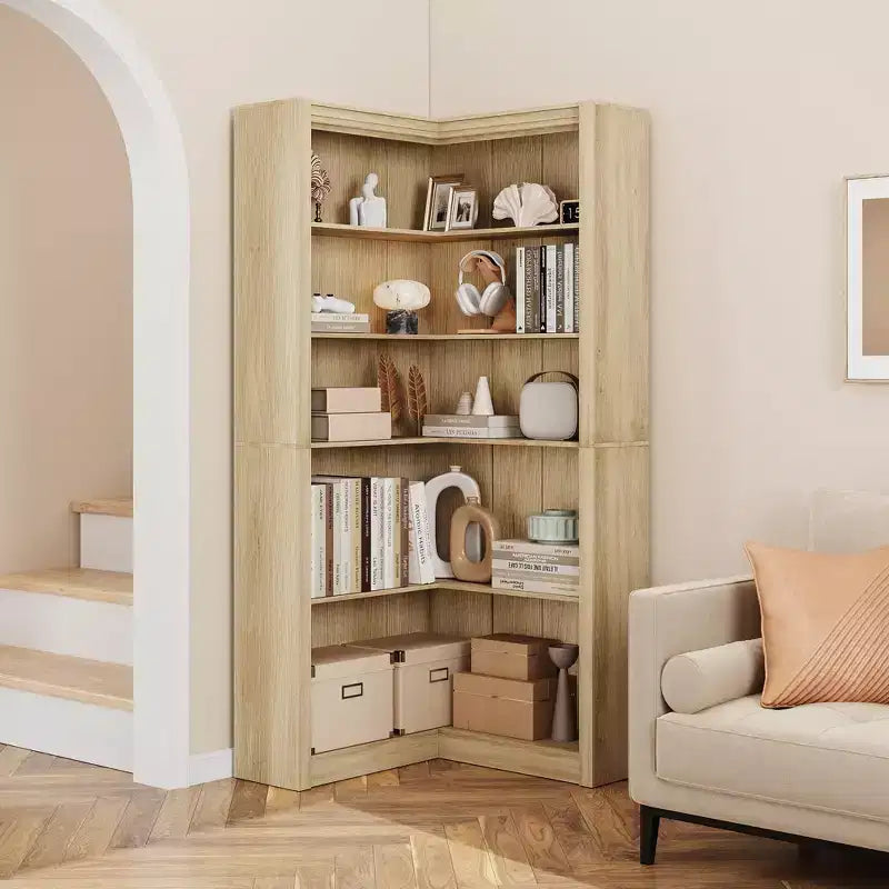 Libreria ad angolo, Libreria ad angolo in stile rustico da 71,8'', Libreria a forma di L, Libreria grande, Libreria a 5 ripiani resistente