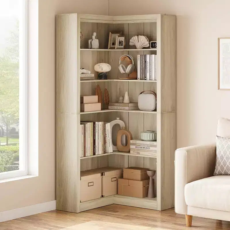 Libreria ad angolo, Libreria ad angolo in stile rustico da 71,8'', Libreria a forma di L, Libreria grande, Libreria a 5 ripiani resistente