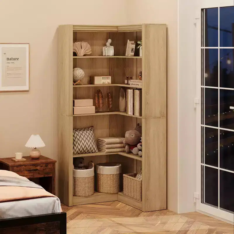 Libreria ad angolo, Libreria ad angolo in stile rustico da 71,8'', Libreria a forma di L, Libreria grande, Libreria a 5 ripiani resistente