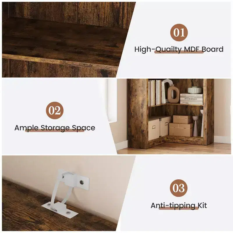 Libreria ad angolo, Libreria ad angolo in stile rustico da 71,8'', Libreria a forma di L, Libreria grande, Libreria a 5 ripiani resistente