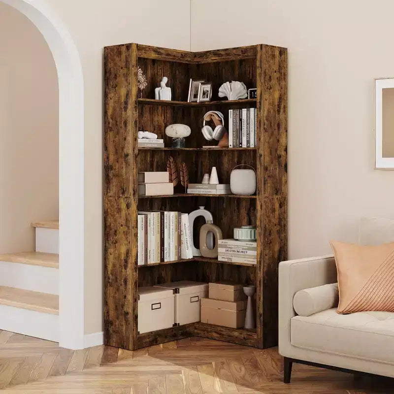 Libreria ad angolo, Libreria ad angolo in stile rustico da 71,8'', Libreria a forma di L, Libreria grande, Libreria a 5 ripiani resistente