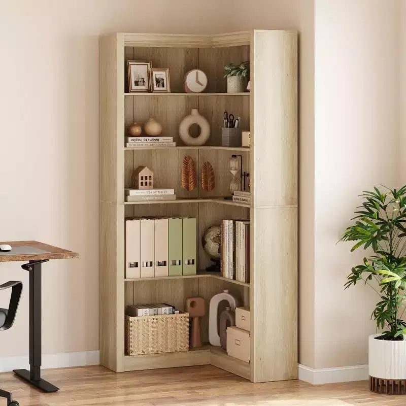 Libreria ad angolo, Libreria ad angolo in stile rustico da 71,8'', Libreria a forma di L, Libreria grande, Libreria a 5 ripiani resistente