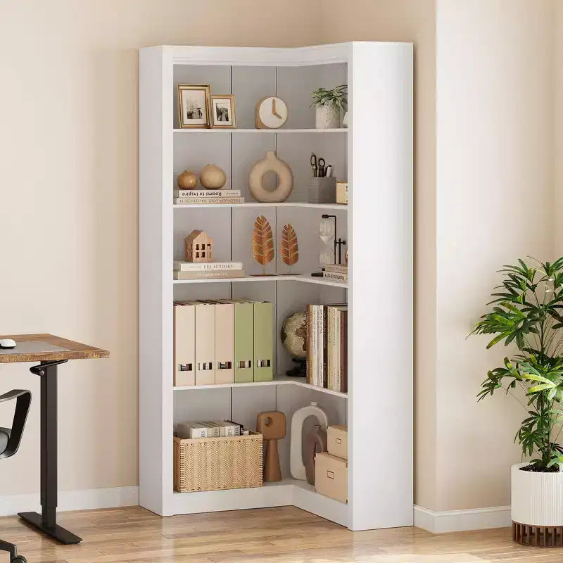 Libreria ad angolo, Libreria ad angolo in stile rustico da 71,8'', Libreria a forma di L, Libreria grande, Libreria a 5 ripiani resistente