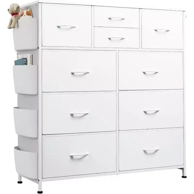 Cassettiera con 10 cassetti, tasche laterali e ganci per camera da letto, soggiorno, corridoio, armadio, finitura in PU, robusto telaio in metallo, bianco