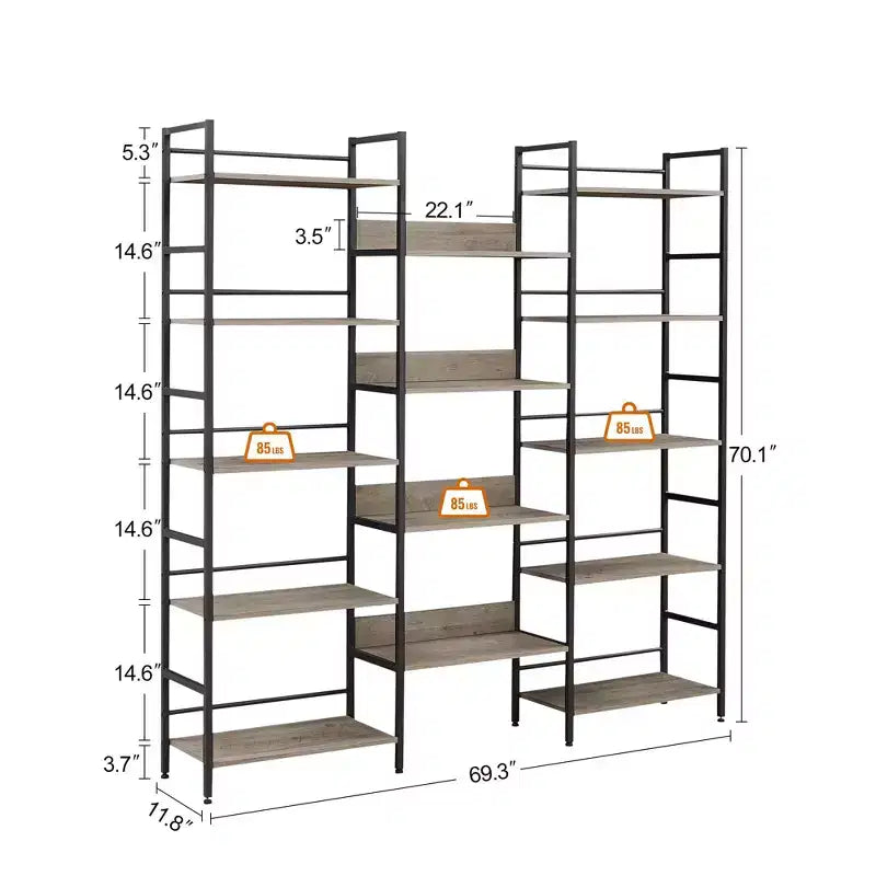 Scaffale a cinque ripiani a tripla colonna, scaffali alti autoportanti, scaffali rustici regolabili in stile industriale, librerie moderne per camera da letto