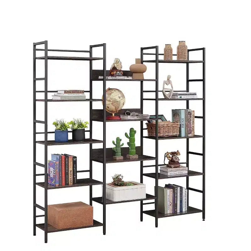 Scaffale a cinque ripiani a tripla colonna, scaffali alti autoportanti, scaffali rustici regolabili in stile industriale, librerie moderne per camera da letto