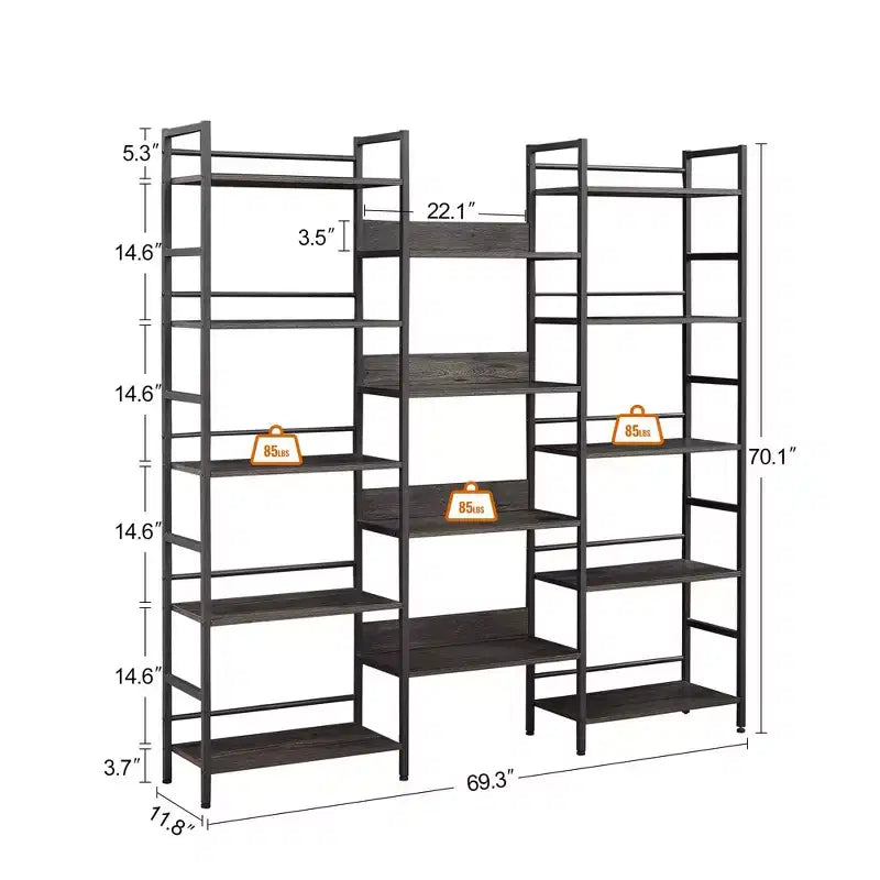 Scaffale a cinque ripiani a tripla colonna, scaffali alti autoportanti, scaffali rustici regolabili in stile industriale, librerie moderne per camera da letto