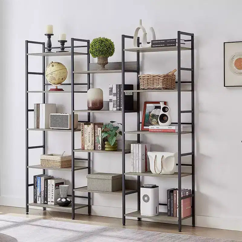 Scaffale a cinque ripiani a tripla colonna, scaffali alti autoportanti, scaffali rustici regolabili in stile industriale, librerie moderne per camera da letto