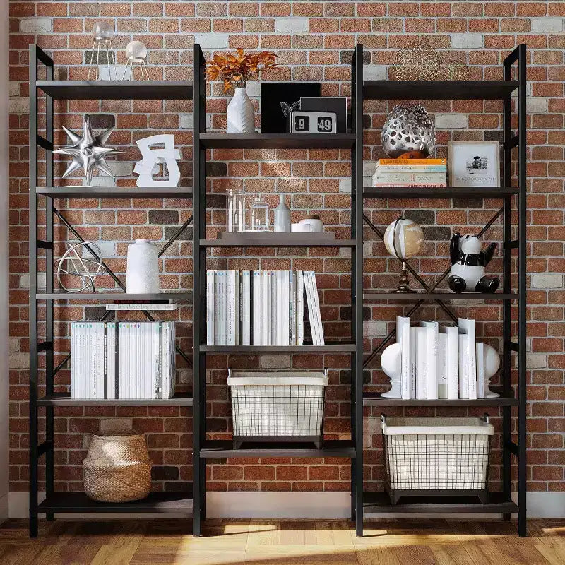 Triple Column 5 Tier Bookshelf, Freestanding Tall Display Shelves, Adjustable Rustic Industrial Style Book Shelves, Modern Bookshelves for Bedroom