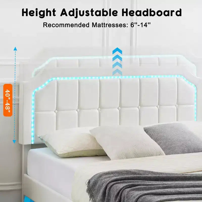 Telaio per Letto Matrimoniale Fluttuante con Luci RGB - Testiera Regolabile in PU, Piattaforma in Metallo e Senza Rete a Molle, Bianco