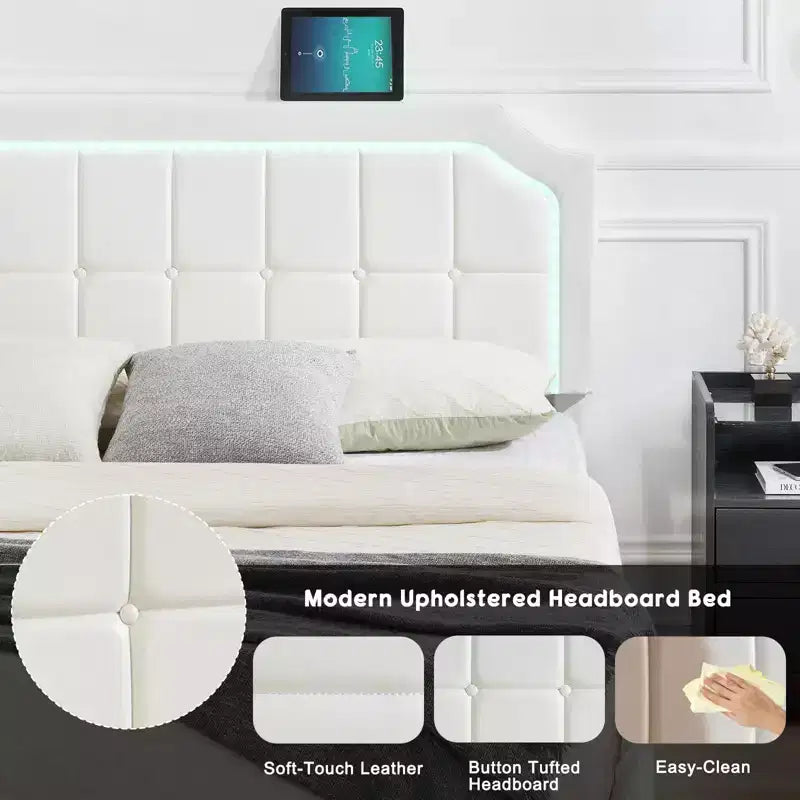 Telaio per Letto Matrimoniale Fluttuante con Luci RGB - Testiera Regolabile in PU, Piattaforma in Metallo e Senza Rete a Molle, Bianco