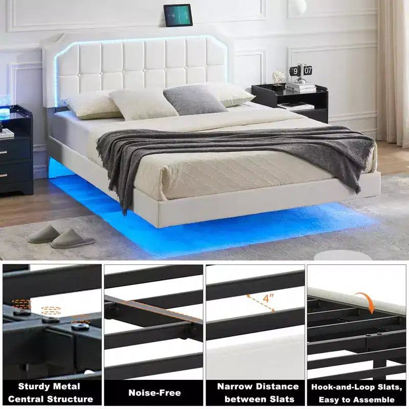 Telaio per Letto Matrimoniale Fluttuante con Luci RGB - Testiera Regolabile in PU, Piattaforma in Metallo e Senza Rete a Molle, Bianco