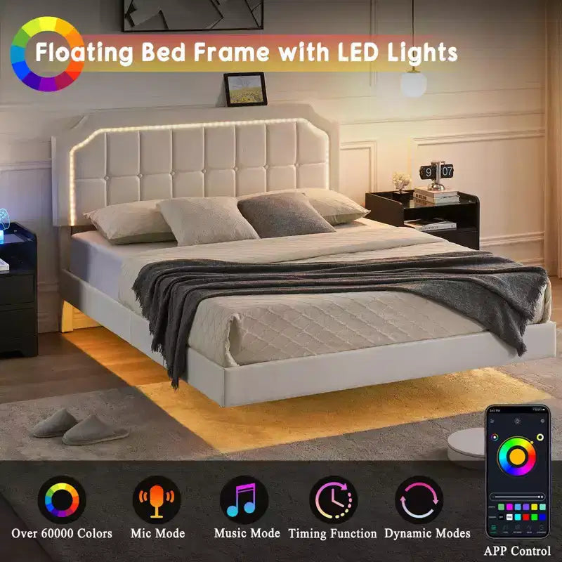 Telaio per Letto Matrimoniale Fluttuante con Luci RGB - Testiera Regolabile in PU, Piattaforma in Metallo e Senza Rete a Molle, Bianco