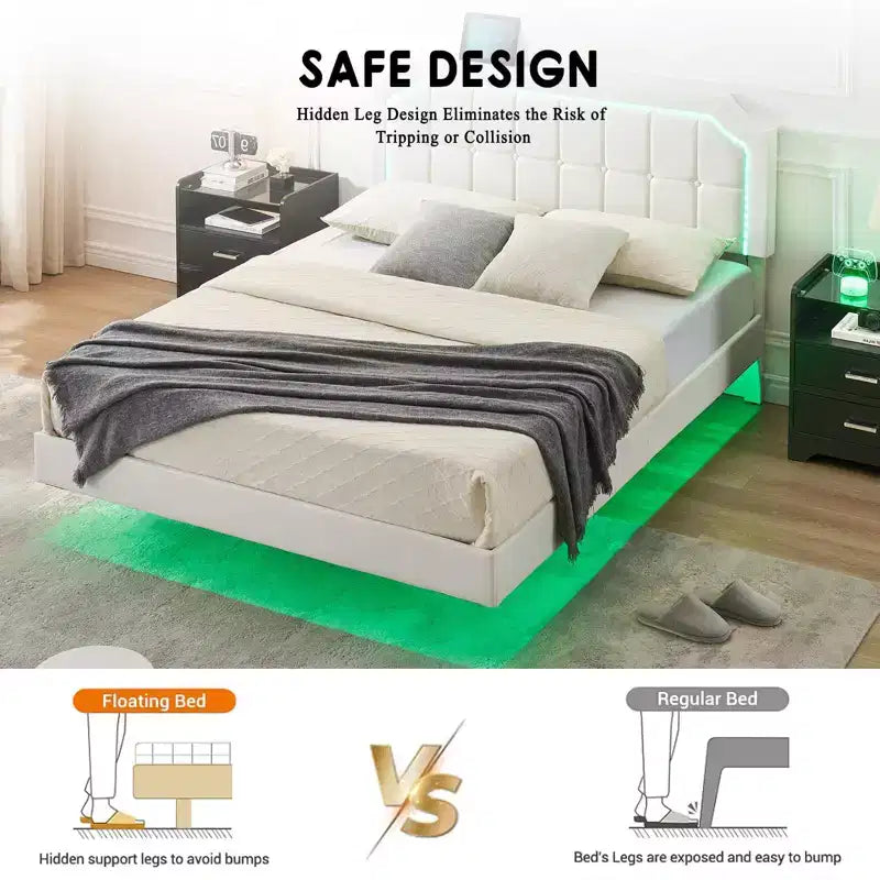 Telaio per Letto Matrimoniale Fluttuante con Luci RGB - Testiera Regolabile in PU, Piattaforma in Metallo e Senza Rete a Molle, Bianco