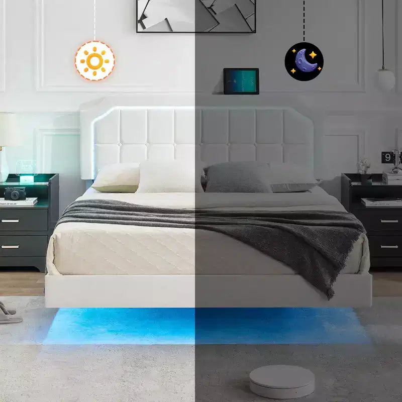 Telaio per Letto Matrimoniale Fluttuante con Luci RGB - Testiera Regolabile in PU, Piattaforma in Metallo e Senza Rete a Molle, Bianco