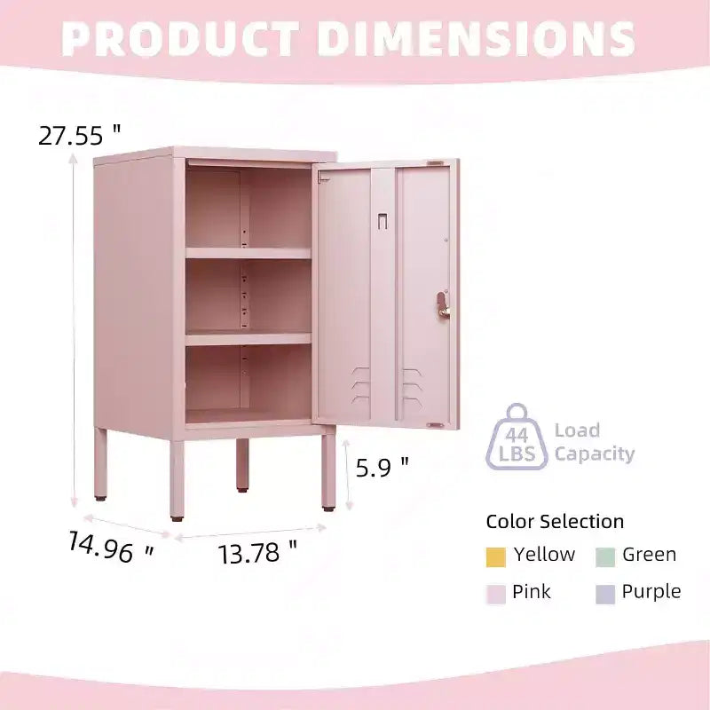 Tavolino Finale in Metallo con Chiusura a Chiave, Anta Singola, 2 Ripiani Regolabili, Mobile Contenitore Moderno Minimalista per Camera da Letto e Soggiorno, Rosa