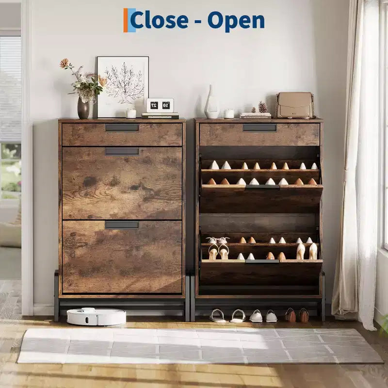 Organizzatore porta scarpe con 2 cassetti a ribalta e 1 cassetto, scarpiera stretta da terra e ripiani regolabili a 3 livelli per l'ingresso