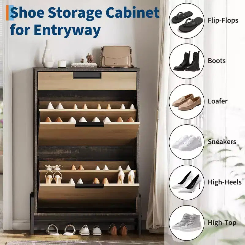 Organizzatore porta scarpe con 2 cassetti a ribalta e 1 cassetto, scarpiera stretta da terra e ripiani regolabili a 3 livelli per l'ingresso