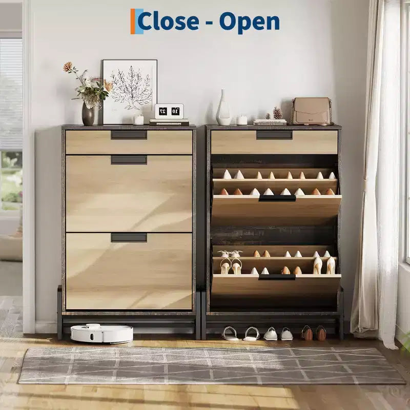 Organizzatore porta scarpe con 2 cassetti a ribalta e 1 cassetto, scarpiera stretta da terra e ripiani regolabili a 3 livelli per l'ingresso