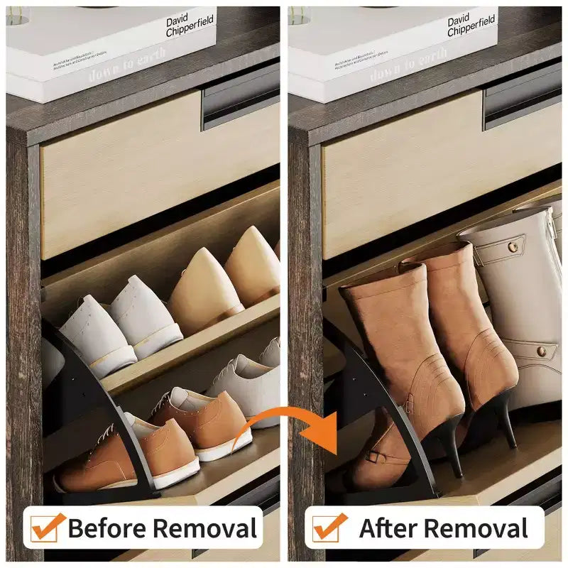 Organizzatore porta scarpe con 2 cassetti a ribalta e 1 cassetto, scarpiera stretta da terra e ripiani regolabili a 3 livelli per l'ingresso