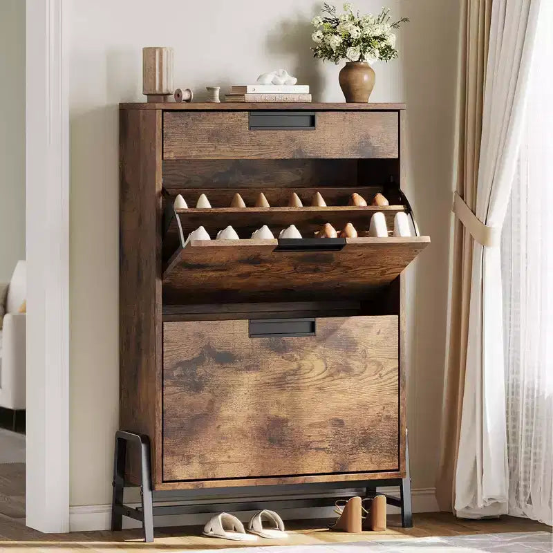 Organizzatore porta scarpe con 2 cassetti a ribalta e 1 cassetto, scarpiera stretta da terra e ripiani regolabili a 3 livelli per l'ingresso