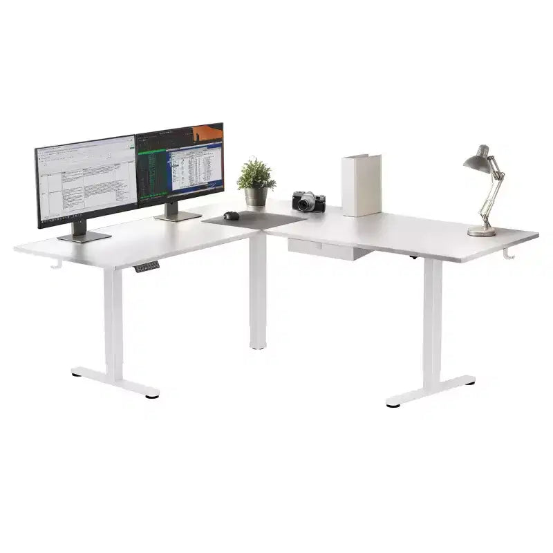 Mount-It! XL Electric Height Adjustable Corner Standing Desk, White Frame and White Tabletop