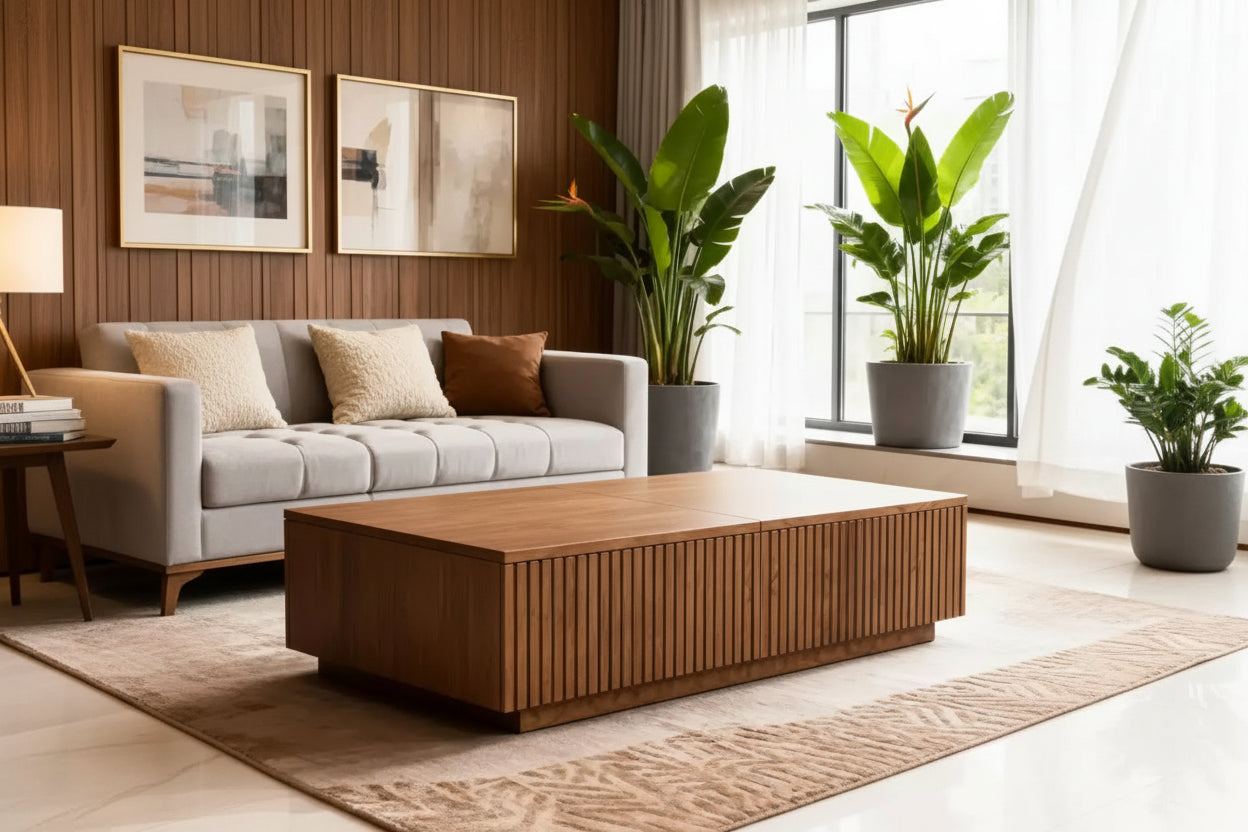 51.1 Mid-Century Modern Lift Top Coffee Table, Walnut Rectangular Center Table for Living Room