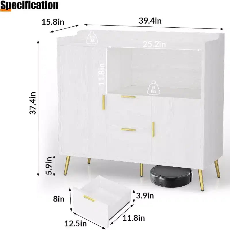 Credenza moderna bianca con 2 cassetti e 2 ante per cucina e soggiorno