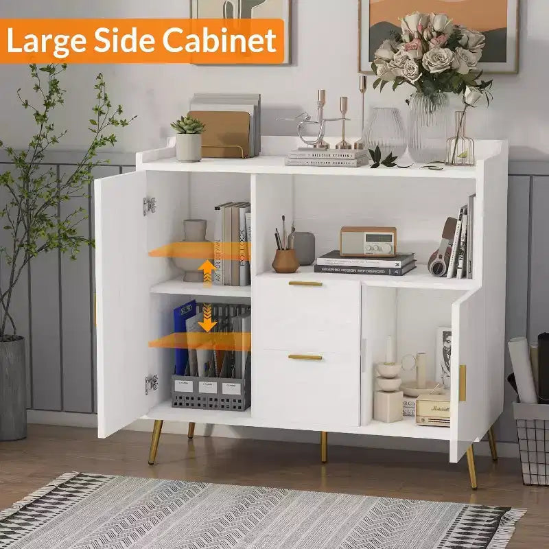 Credenza moderna bianca con 2 cassetti e 2 ante per cucina e soggiorno
