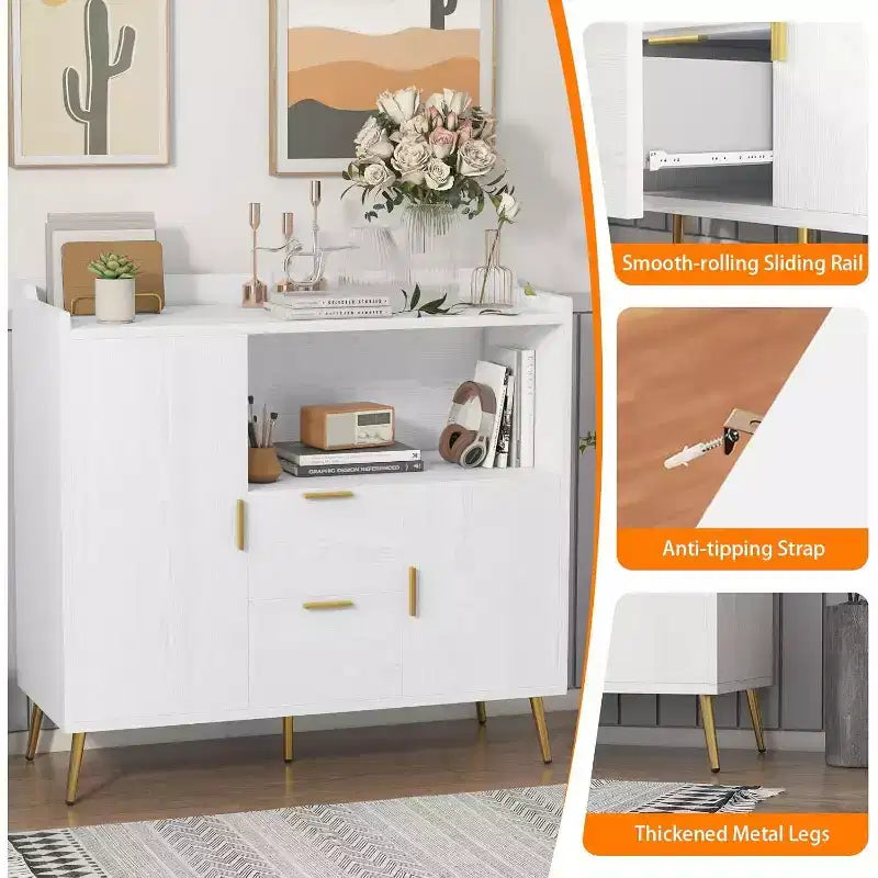Credenza moderna bianca con 2 cassetti e 2 ante per cucina e soggiorno