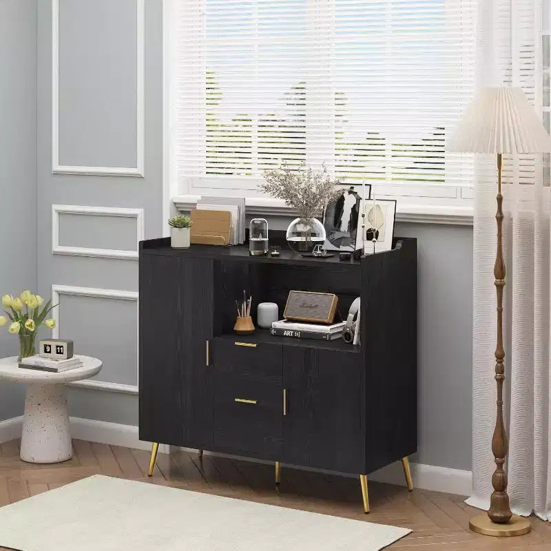 Credenza moderna bianca con 2 cassetti e 2 ante per cucina e soggiorno
