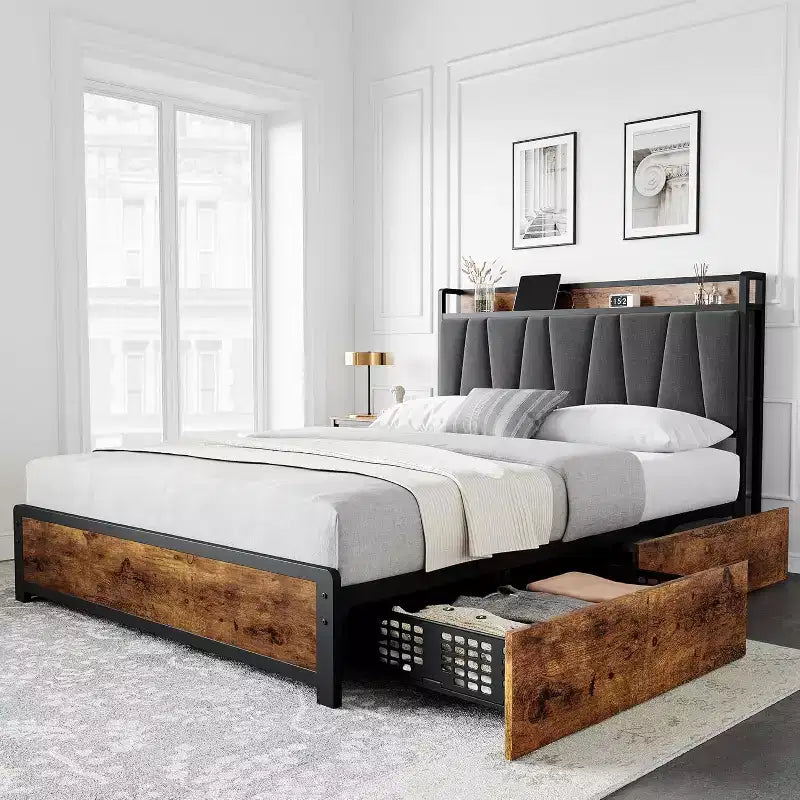 King Bed Frame with 4 Storage Drawers, Platform Bed with Charged Headboard, Sturdy & Stable, No Noise, No Box Spring Needed, Easy to Install