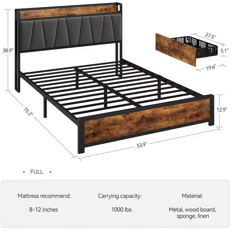 Letto King Size con Struttura a 4 Cassetti Contenitore, Letto a Piattaforma con Testiera Ricaricabile, Robusto e Stabile, Nessun Rumore, Nessuna Rete a Molle Necessaria, Facile da Installare