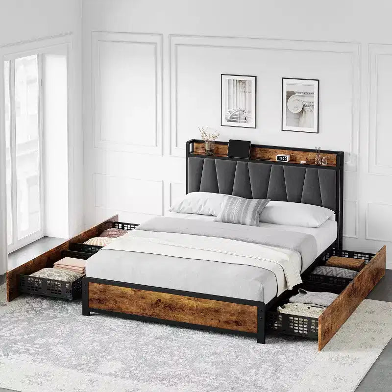 Letto King Size con Struttura a 4 Cassetti Contenitore, Letto a Piattaforma con Testiera Ricaricabile, Robusto e Stabile, Nessun Rumore, Nessuna Rete a Molle Necessaria, Facile da Installare