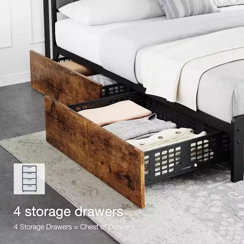 Letto King Size con Struttura a 4 Cassetti Contenitore, Letto a Piattaforma con Testiera Ricaricabile, Robusto e Stabile, Nessun Rumore, Nessuna Rete a Molle Necessaria, Facile da Installare
