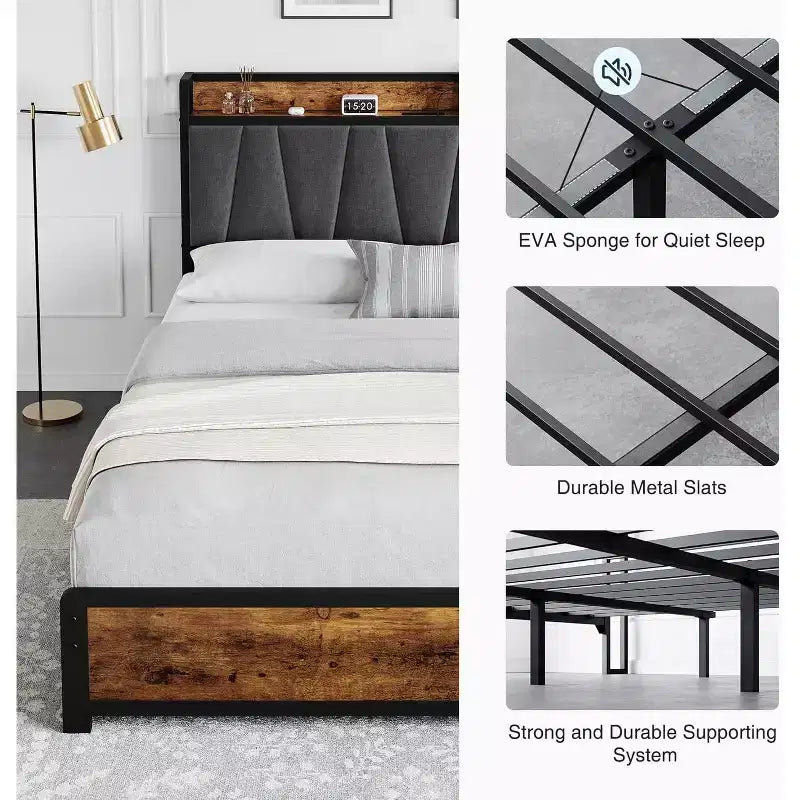 Letto King Size con Struttura a 4 Cassetti Contenitore, Letto a Piattaforma con Testiera Ricaricabile, Robusto e Stabile, Nessun Rumore, Nessuna Rete a Molle Necessaria, Facile da Installare