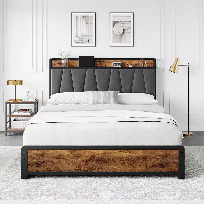 Letto King Size con Struttura a 4 Cassetti Contenitore, Letto a Piattaforma con Testiera Ricaricabile, Robusto e Stabile, Nessun Rumore, Nessuna Rete a Molle Necessaria, Facile da Installare