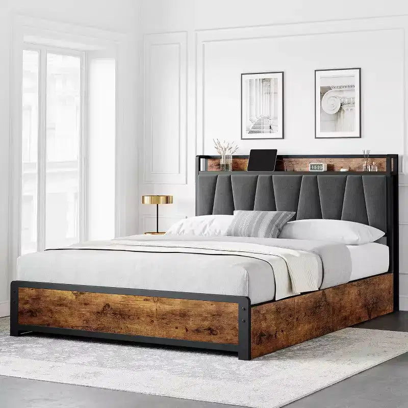 Letto King Size con Struttura a 4 Cassetti Contenitore, Letto a Piattaforma con Testiera Ricaricabile, Robusto e Stabile, Nessun Rumore, Nessuna Rete a Molle Necessaria, Facile da Installare