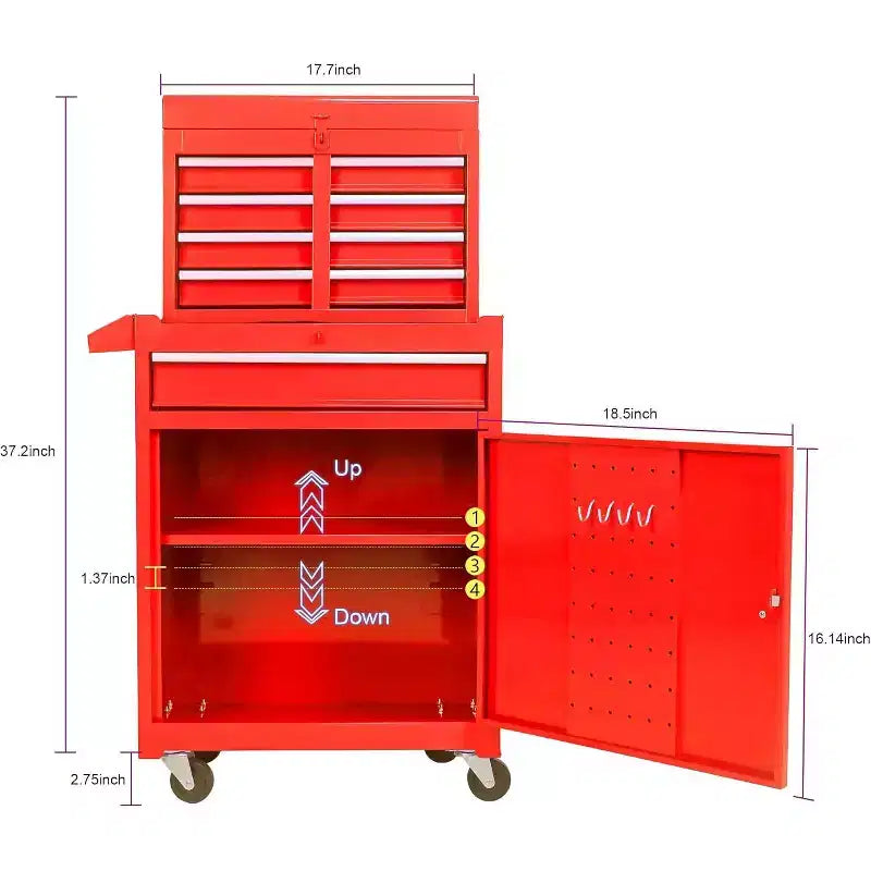 Cassetta portautensili a 5 cassetti su ruote, con ripiano regolabile e carrello organizer portatile staccabile per garage, magazzino, officina, rosso