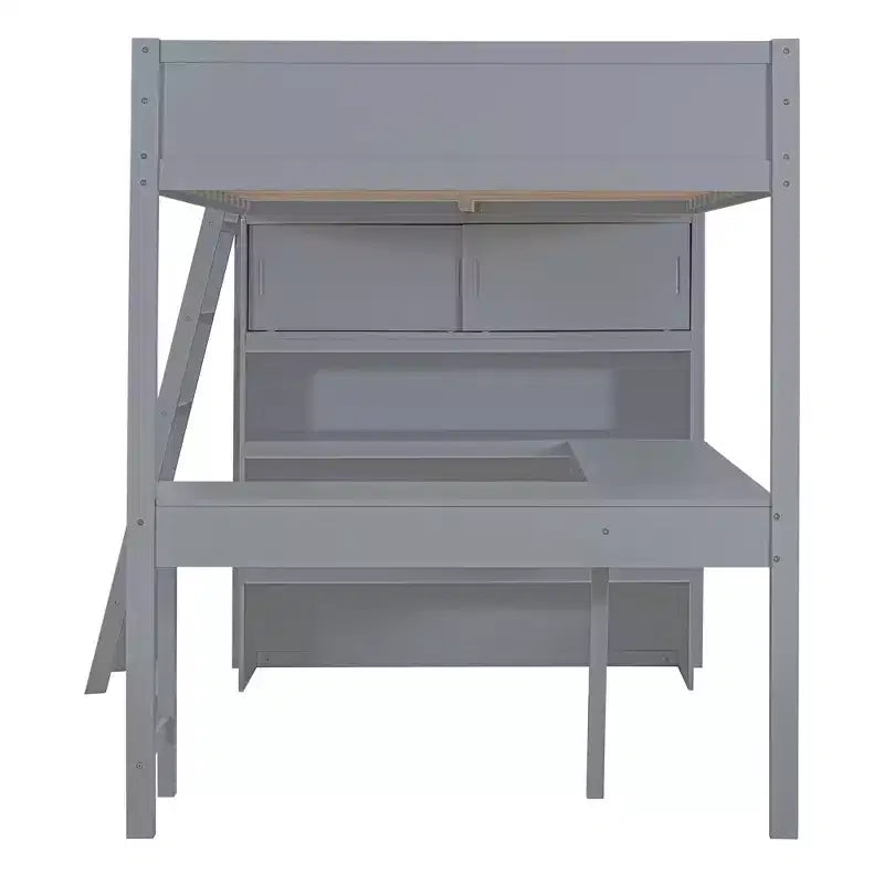 Letto a soppalco full-size con scrivania e mensole, Struttura letto a soppalco in legno con due cassetti integrati per camera da letto