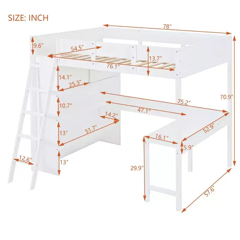 Letto a soppalco full-size con scrivania e mensole, Struttura letto a soppalco in legno con due cassetti integrati per camera da letto