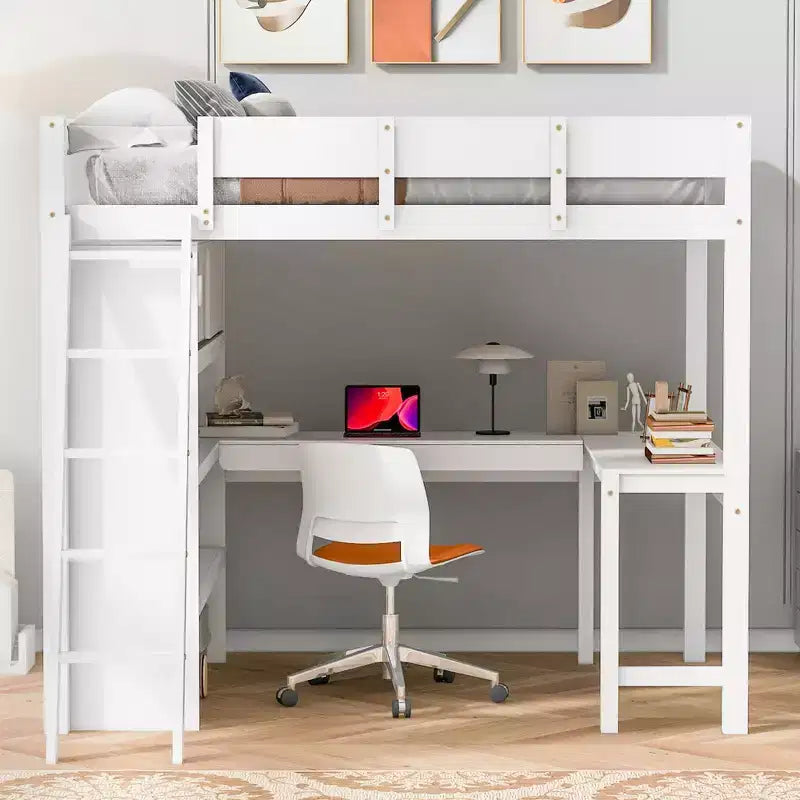 Letto a soppalco full-size con scrivania e mensole, Struttura letto a soppalco in legno con due cassetti integrati per camera da letto
