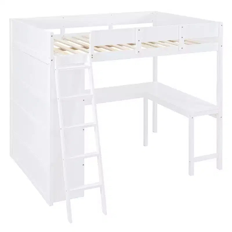 Letto a soppalco full-size con scrivania e mensole, Struttura letto a soppalco in legno con due cassetti integrati per camera da letto