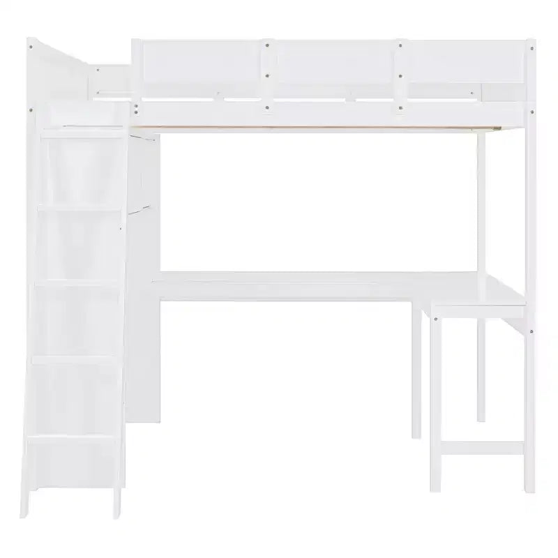 Letto a soppalco full-size con scrivania e mensole, Struttura letto a soppalco in legno con due cassetti integrati per camera da letto