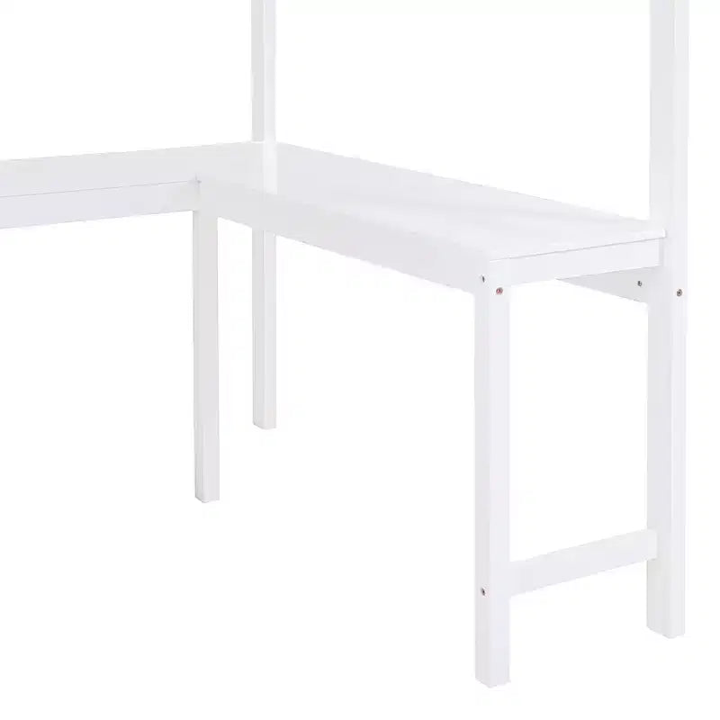 Letto a soppalco full-size con scrivania e mensole, Struttura letto a soppalco in legno con due cassetti integrati per camera da letto