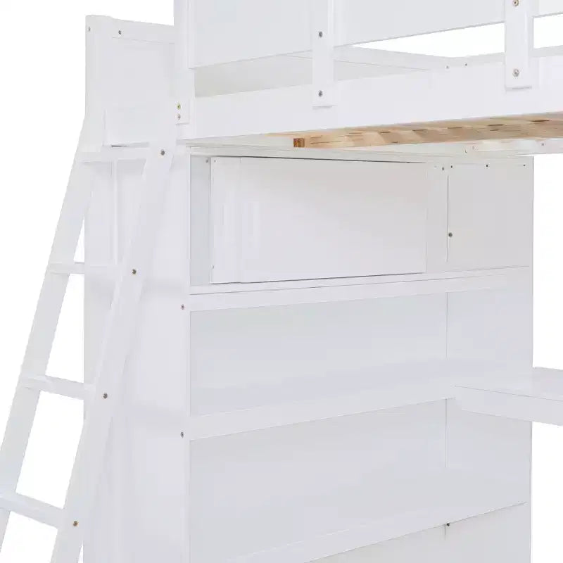 Letto a soppalco full-size con scrivania e mensole, Struttura letto a soppalco in legno con due cassetti integrati per camera da letto