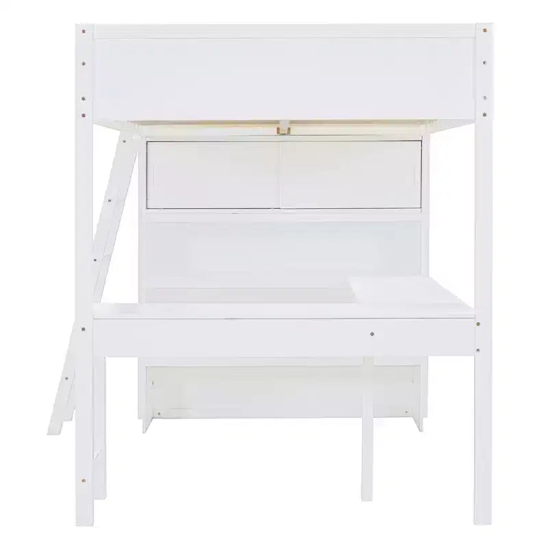 Letto a soppalco full-size con scrivania e mensole, Struttura letto a soppalco in legno con due cassetti integrati per camera da letto