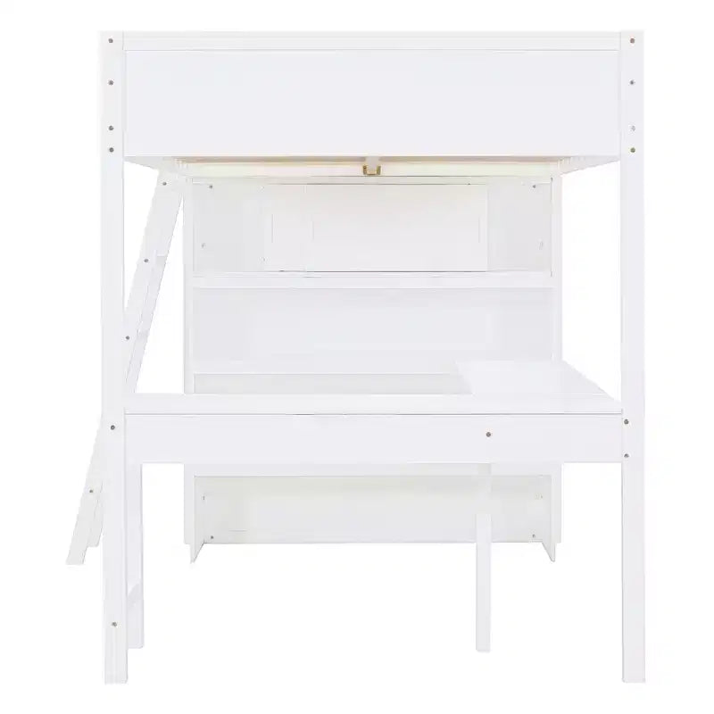 Letto a soppalco full-size con scrivania e mensole, Struttura letto a soppalco in legno con due cassetti integrati per camera da letto