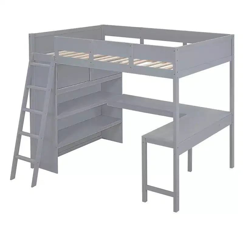 Letto a soppalco full-size con scrivania e mensole, Struttura letto a soppalco in legno con due cassetti integrati per camera da letto